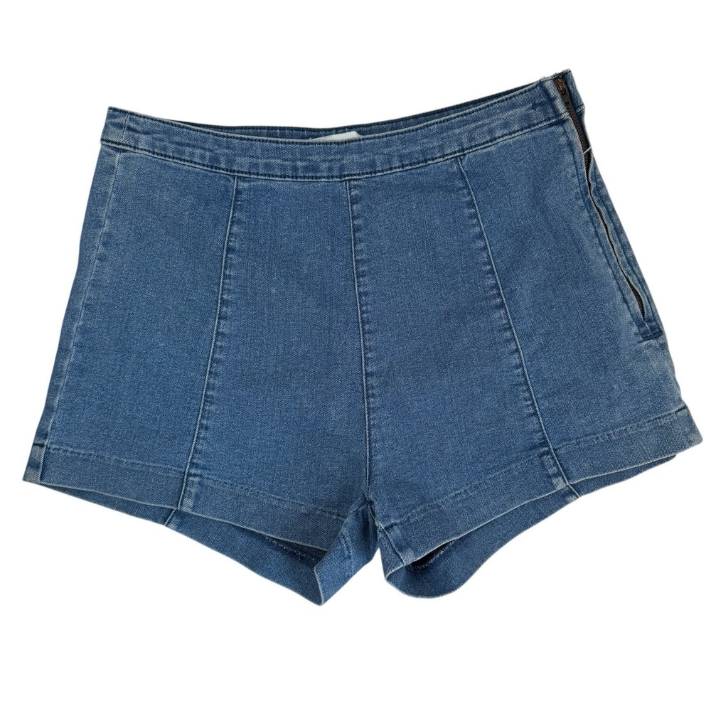 H&M High Waisted Denim Jorts Shorts Size 10 Blue Jean Side Zip Seam Detail Boho
